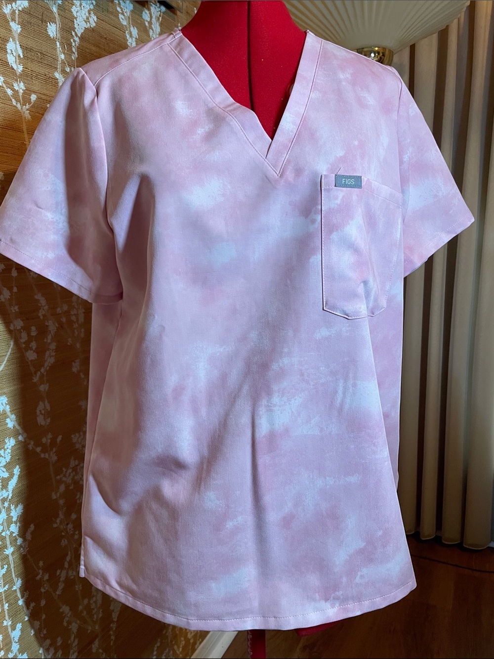 Figs Pink Tie-Dye V-Neck Scrub Top